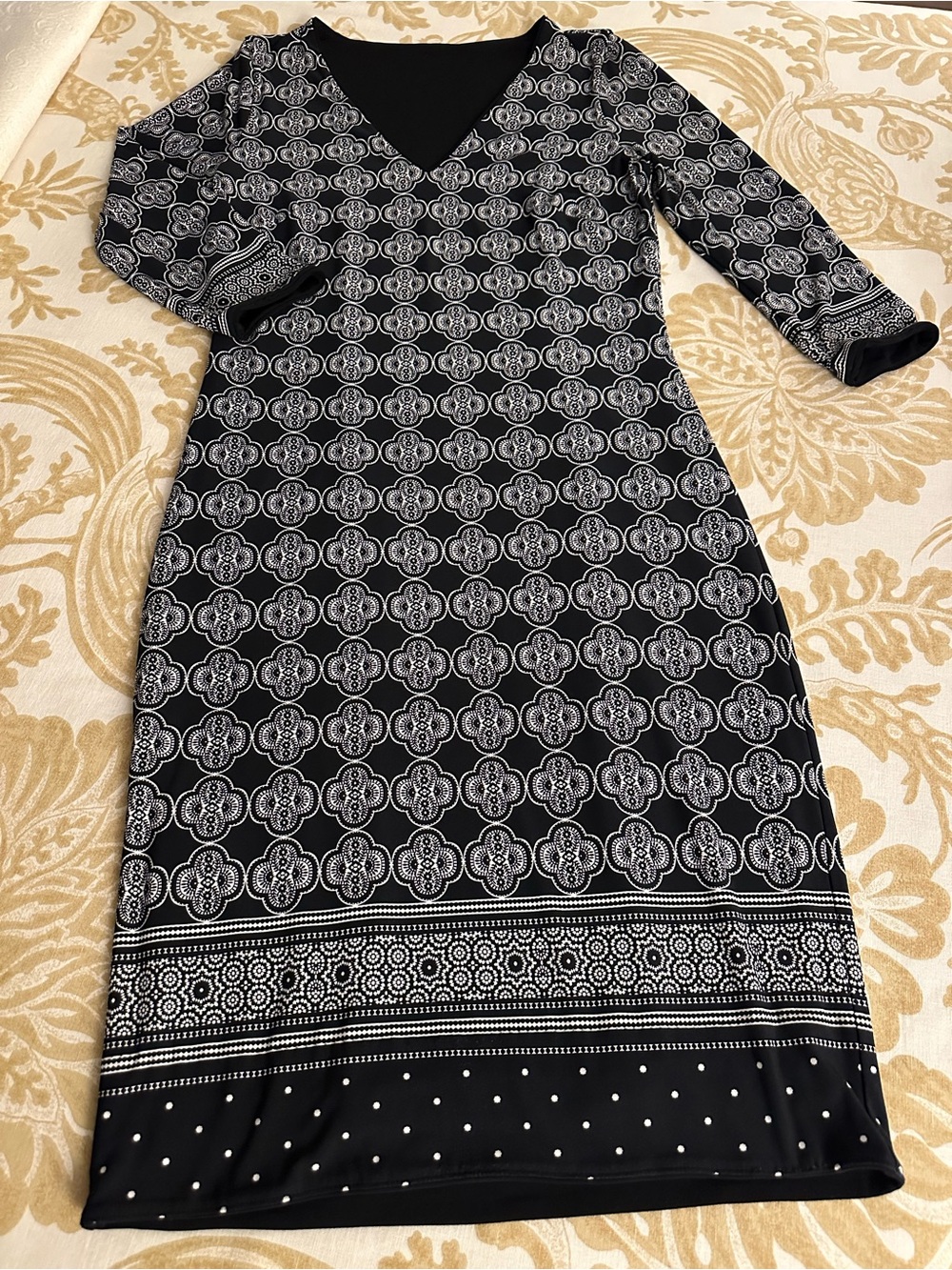 Classic Black & White Patterned V-Neck Dress